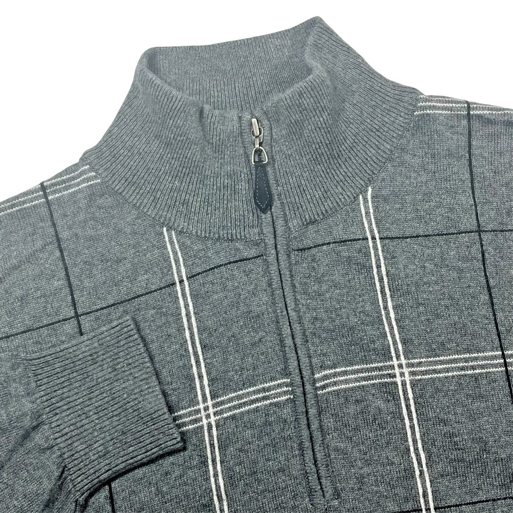 Austin Reed 1/4 Zip Sweater Mens XL Grey Silk Cashmere Windowpane Plaid Pullover